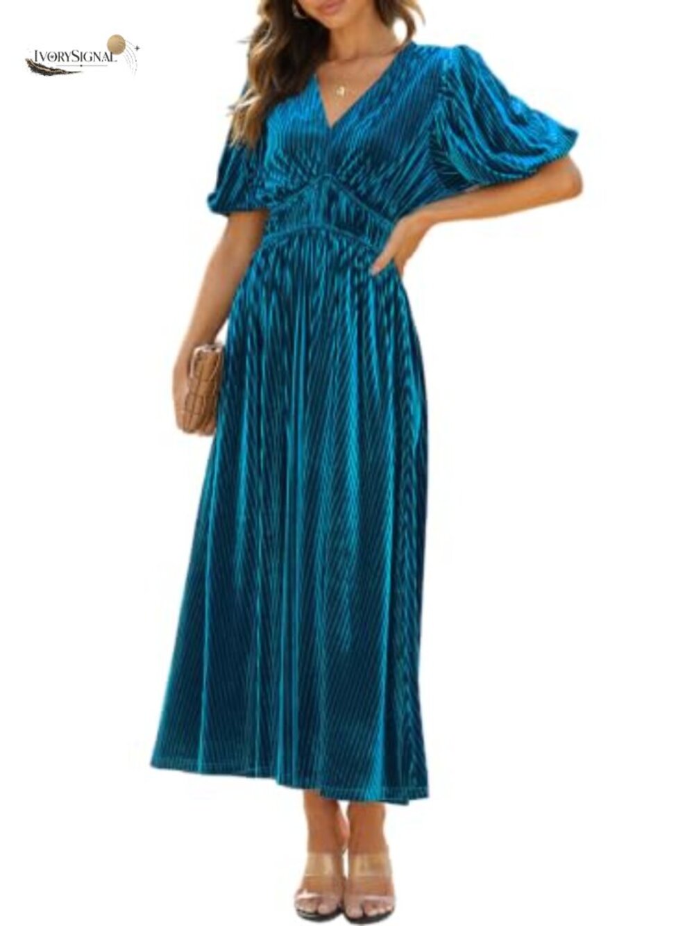 Women's Velvet Maxi Dress Formal Wedding Guest Dress V-Neck A-Line Long Sleeve